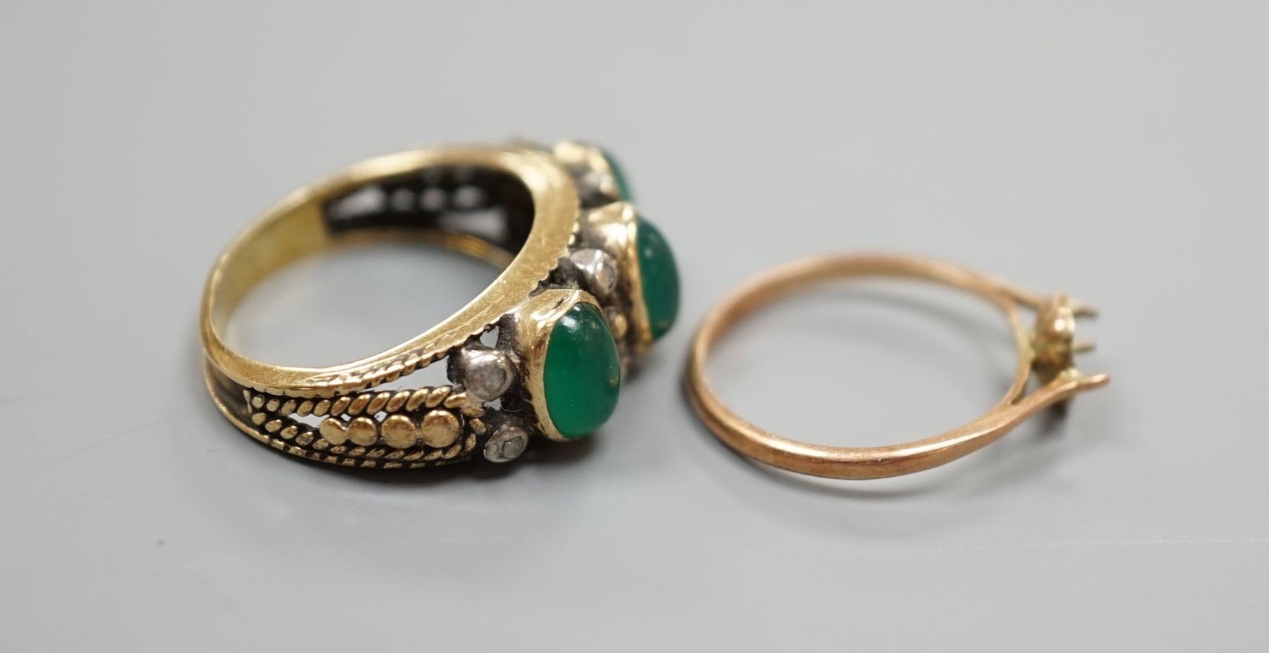 A Portuguese yellow metal, chrysoprase and diamond chip set half hoop dress ring, size L, gross 4.6 grams and a 9ct shank, 0.9 grams.